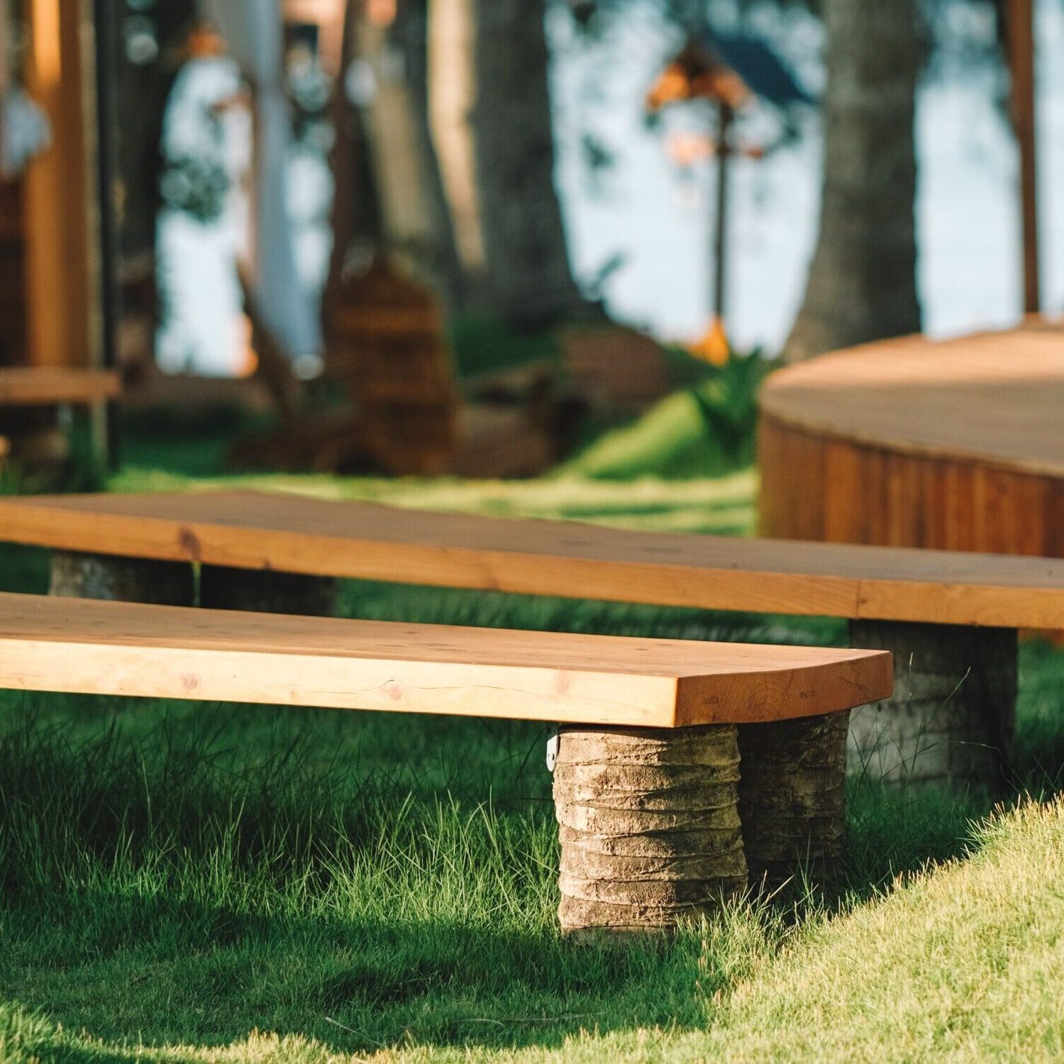 Home A serene wooden bench in a picturesque outdoor park setting in Phan Thiet, Vietnam.